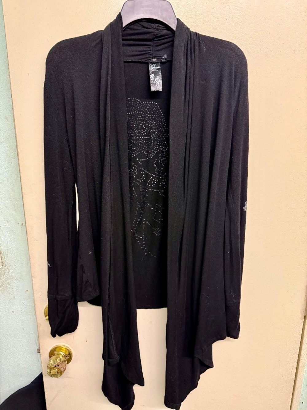 GUESS Black Long Sleeve Open-Front Cardigan with Silver Rhinestone Detailing